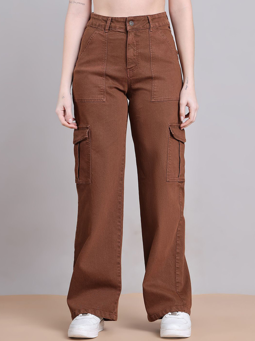 Mast & Harbour Women Straight Fit High-Rise Stretchable Cargos Jeans
