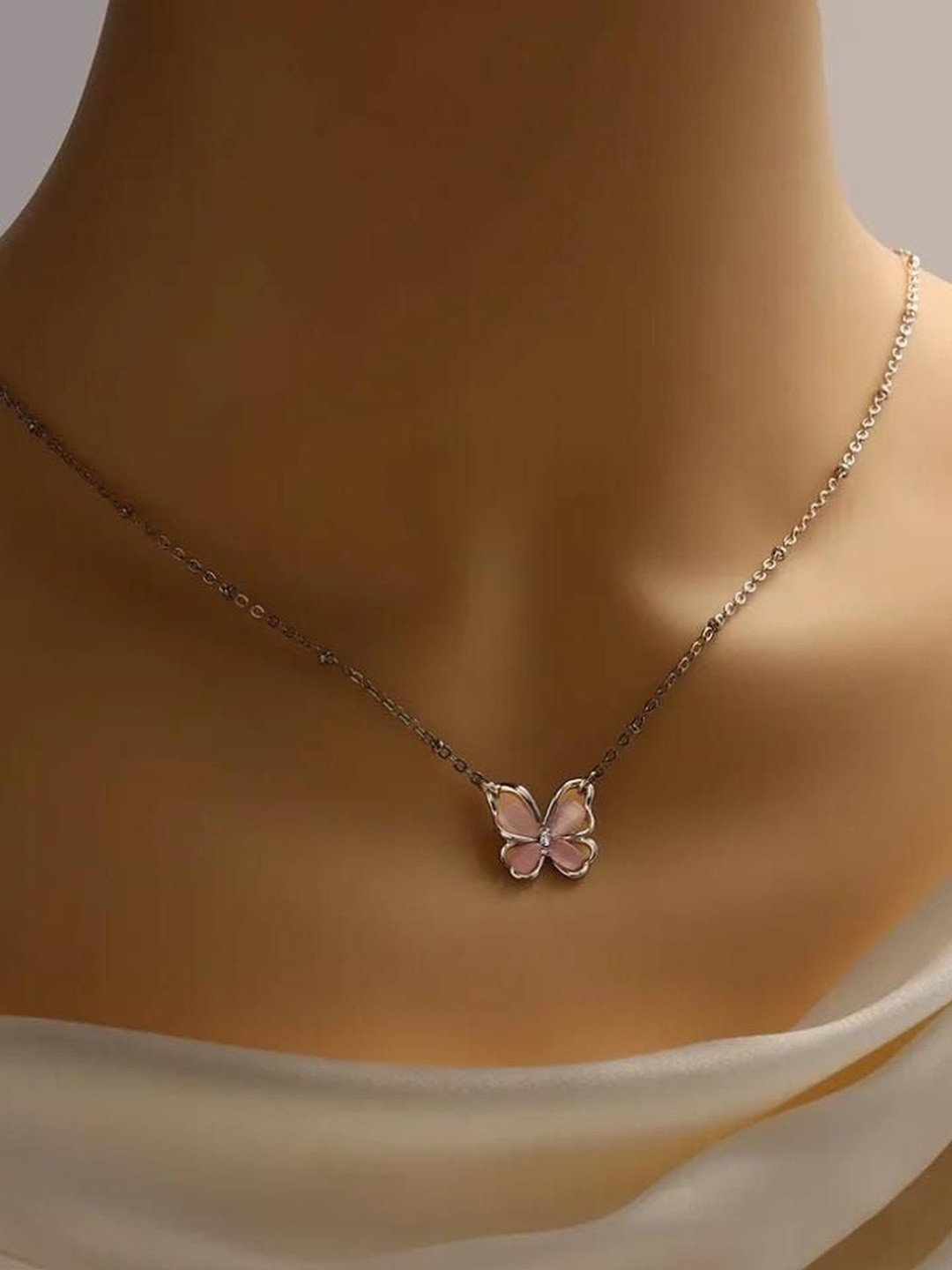 SIVA BY ANIKA Stainless Steel Rhodium-Plated Stones Studded Link Chains Korean Necklace