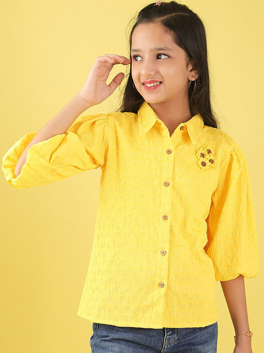 BAESD Girls Self Design Puff Sleeves Shirt Style Regular Top with Applique
