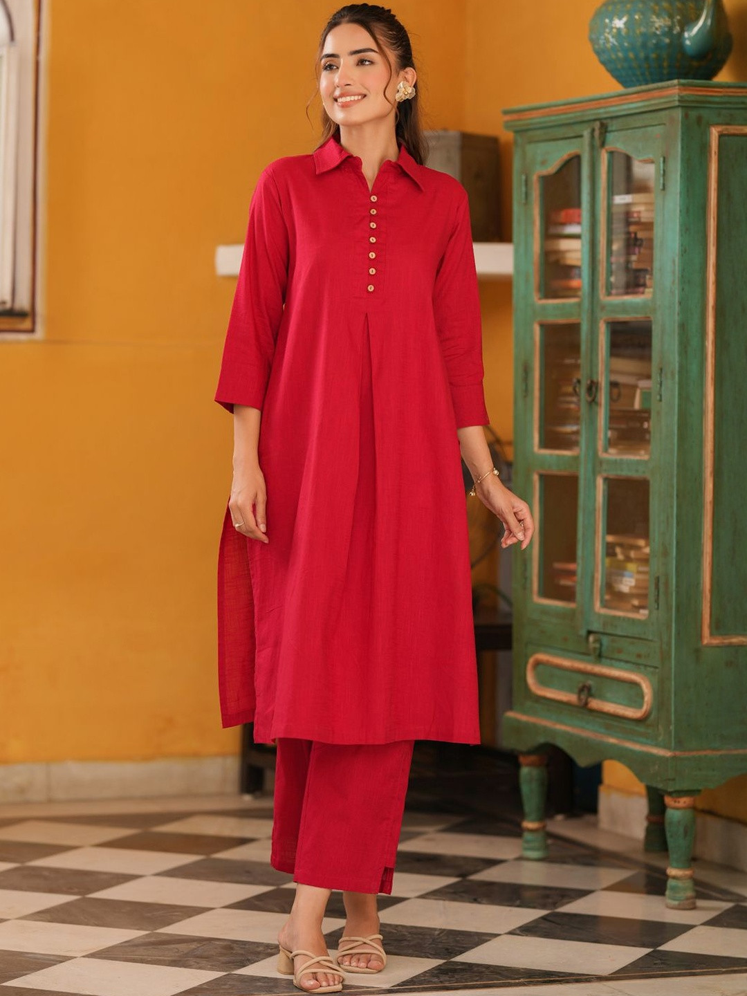 Rain & Rainbow Women Solid Cotton Kurta with Trousers Set
