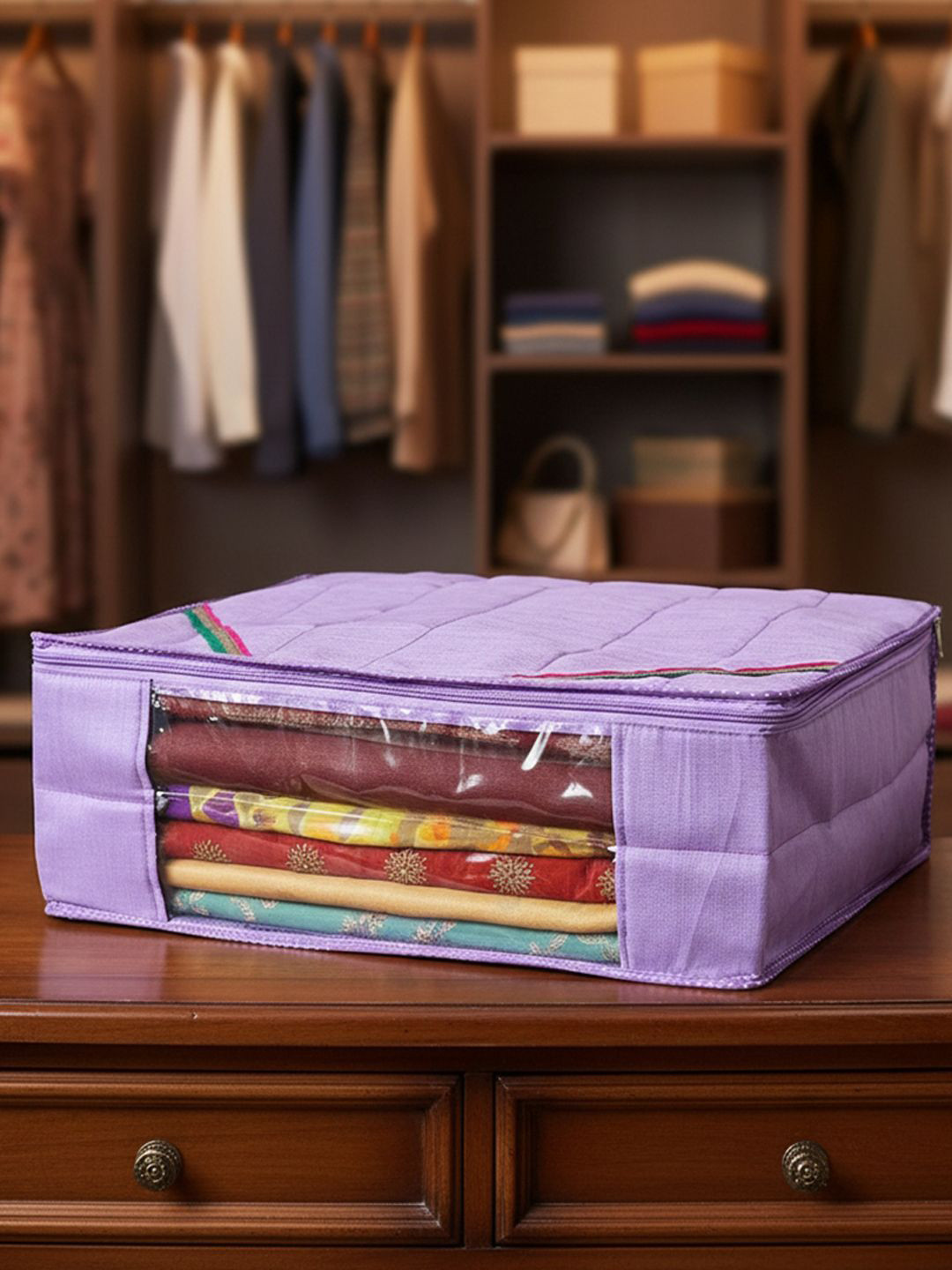 Kuber Industries Purple & Transparent Silk Saree Cover With Zip Closure