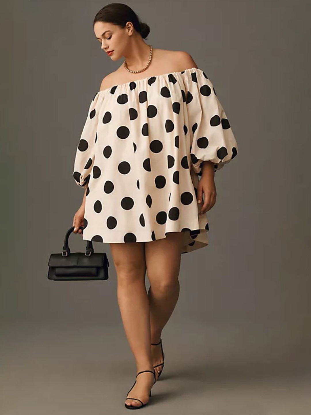StyleCast Women Plus Size Polka Dot Printed Off-Shoulder Mini Balloon Dress
