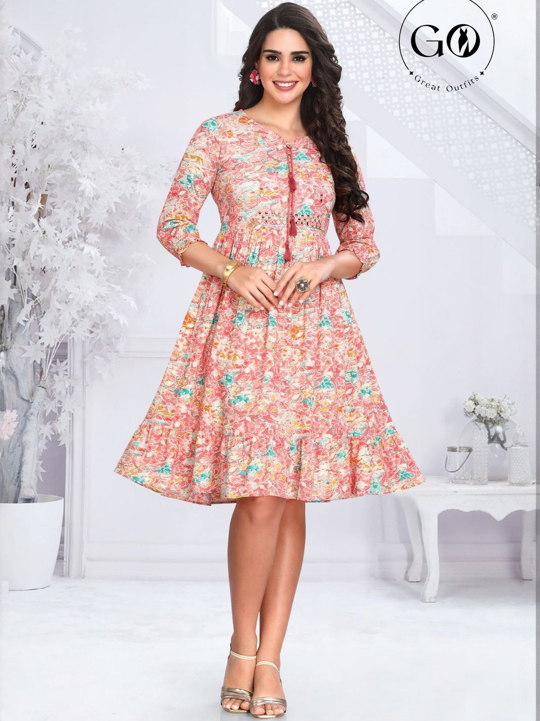 GREAT OUTFITS Women Abstract Printed Puff Sleeve Knee Length Fit & Flare Dress