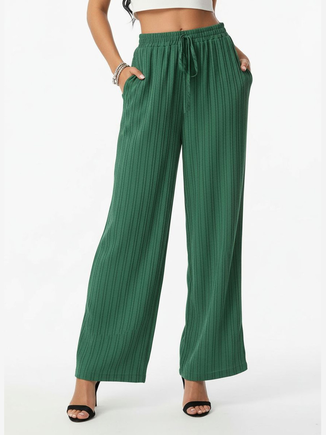 DressBerry Women Modern Classics Self-Striped Waist Tie-Up Trousers