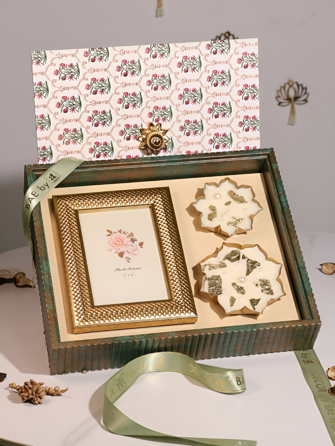 Art Street Square Shape Photo Frame with Urli Diya Mdf Diwali Gift Hamper Box