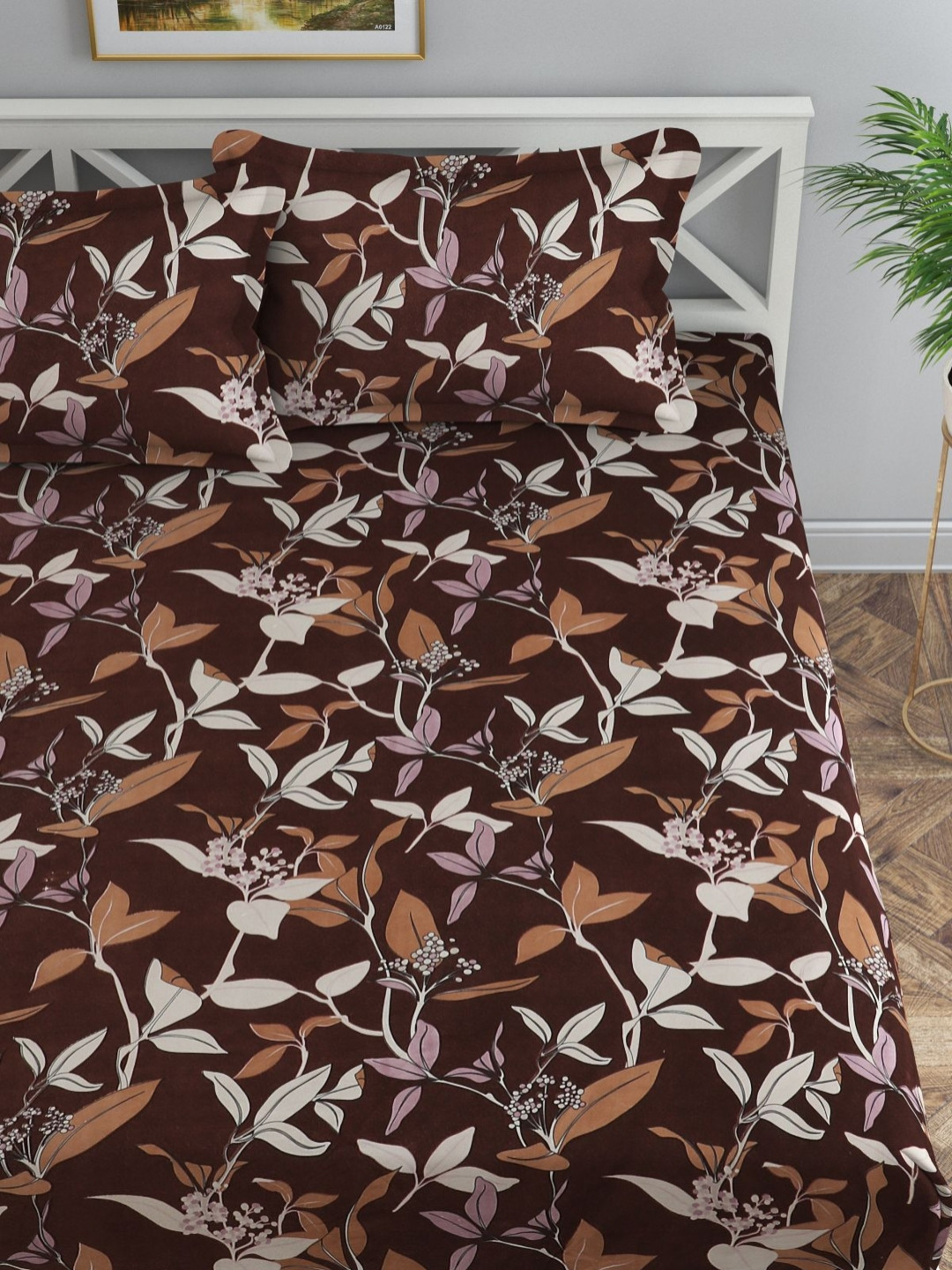 Florida Fin Coffee Brown & White Double Floral 120 TC Bedsheet Set 2.45 m x 2.28 m