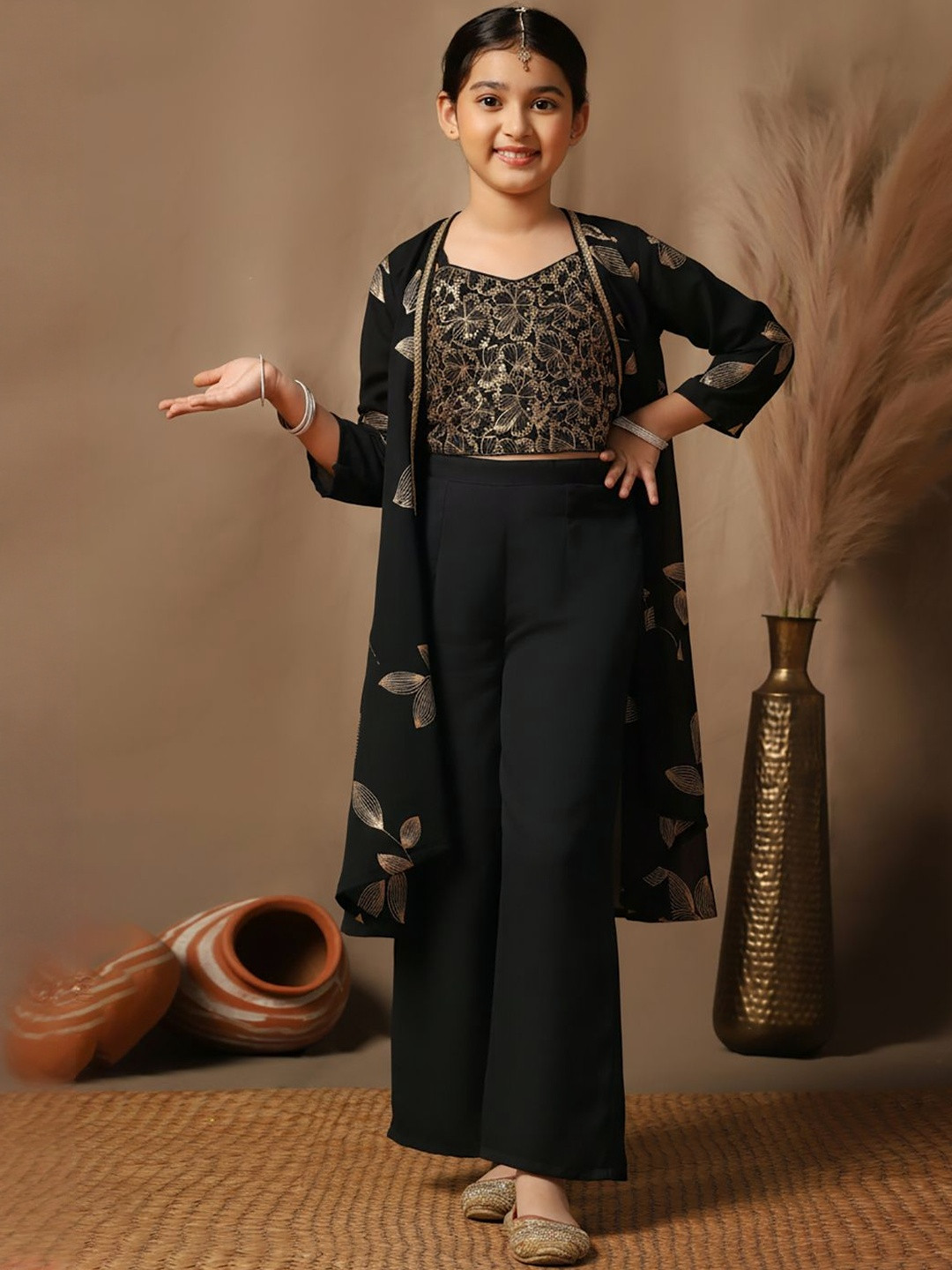 Sangria Girls Georgette Embroidered Straight Crop Top Shrug & Palazzo Set