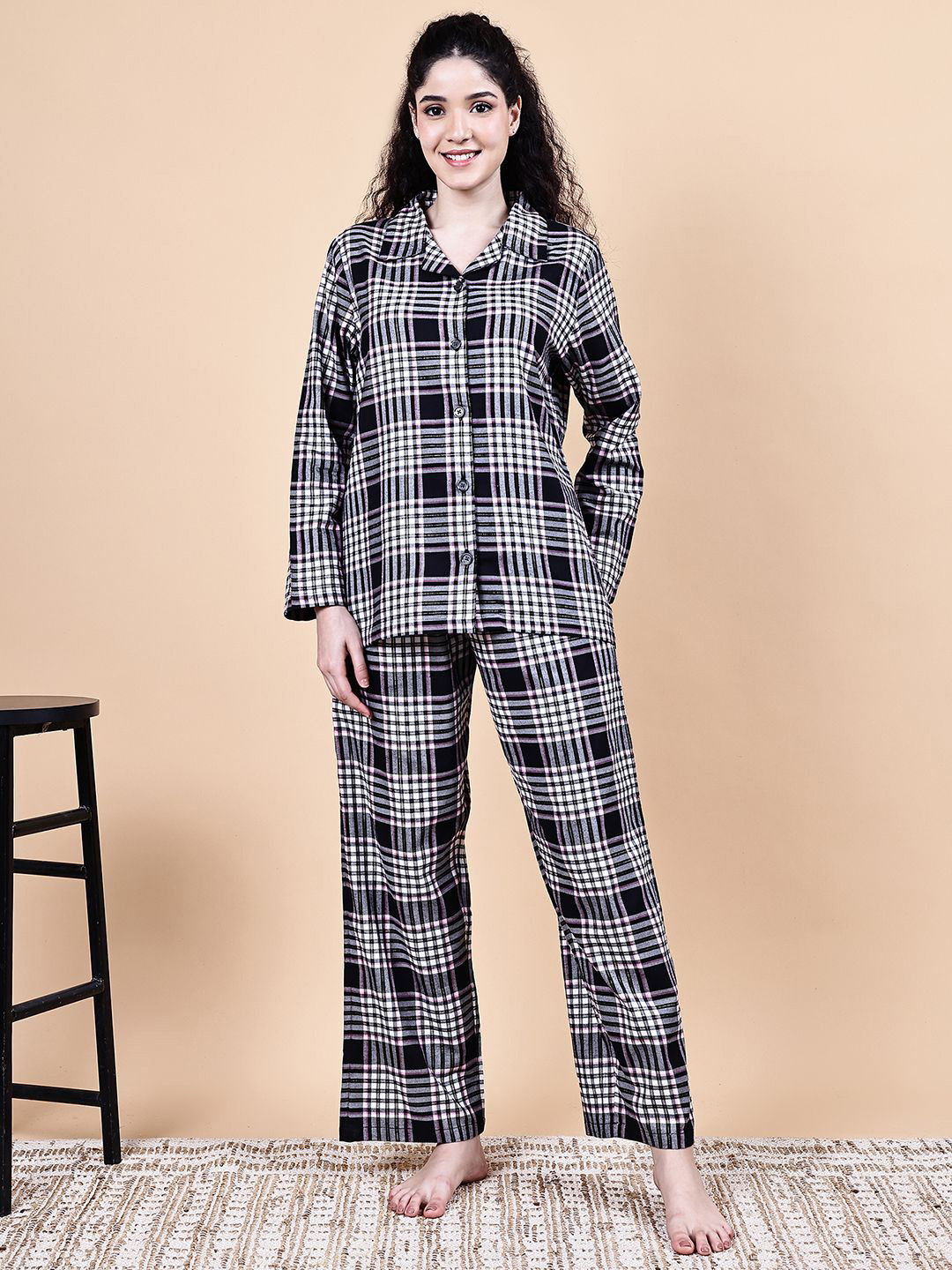 Secret Wish Women Printed Checkered Flannel Shirt and Pyjamas Night suit