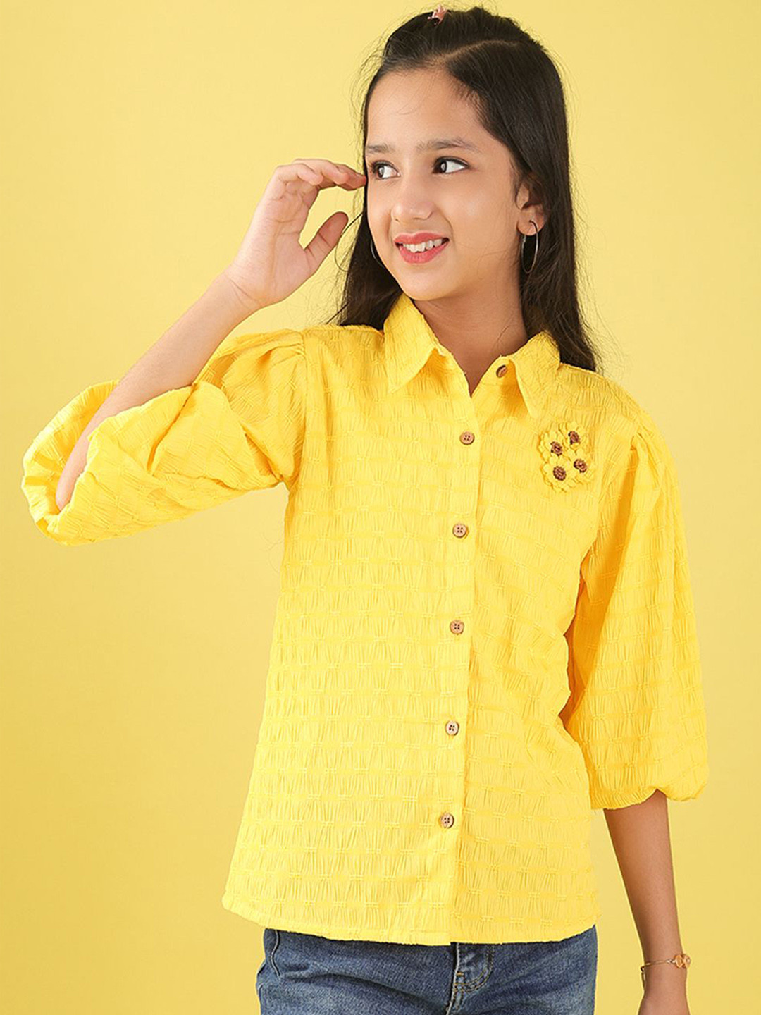 Miss & Chief Girls Geometric Self Design Puff Sleeves Applique Shirt Style Top