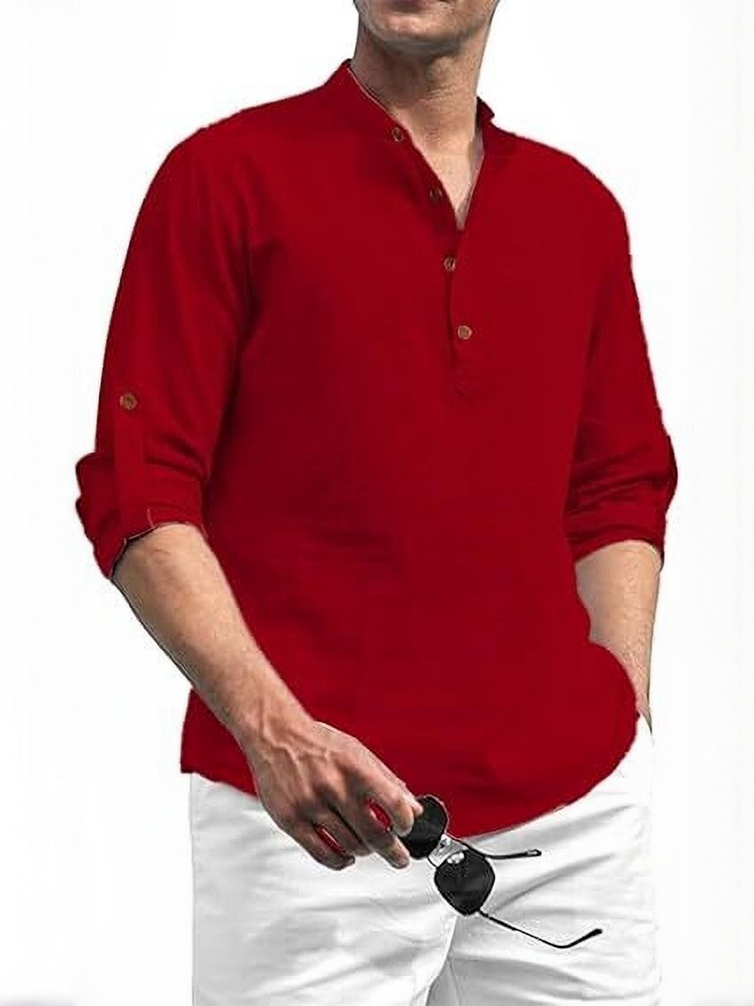 Edin Men Pack of 2 Solid Mandarin Collar Roll-Up Sleeves A-Line Kurtas