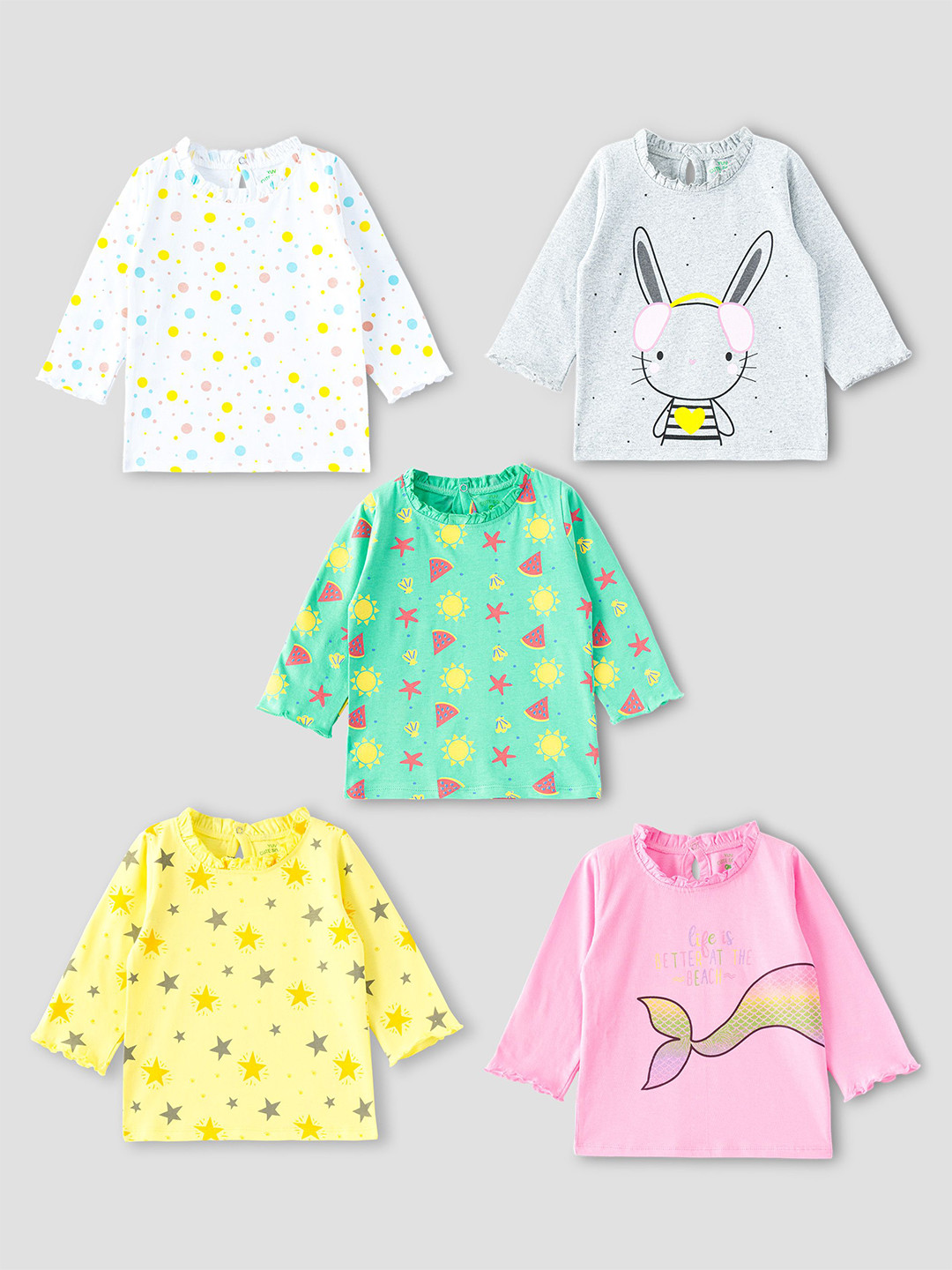 YUV Girls Pack of 5 Printed Round Neck Long Sleeve Cotton T-shirts