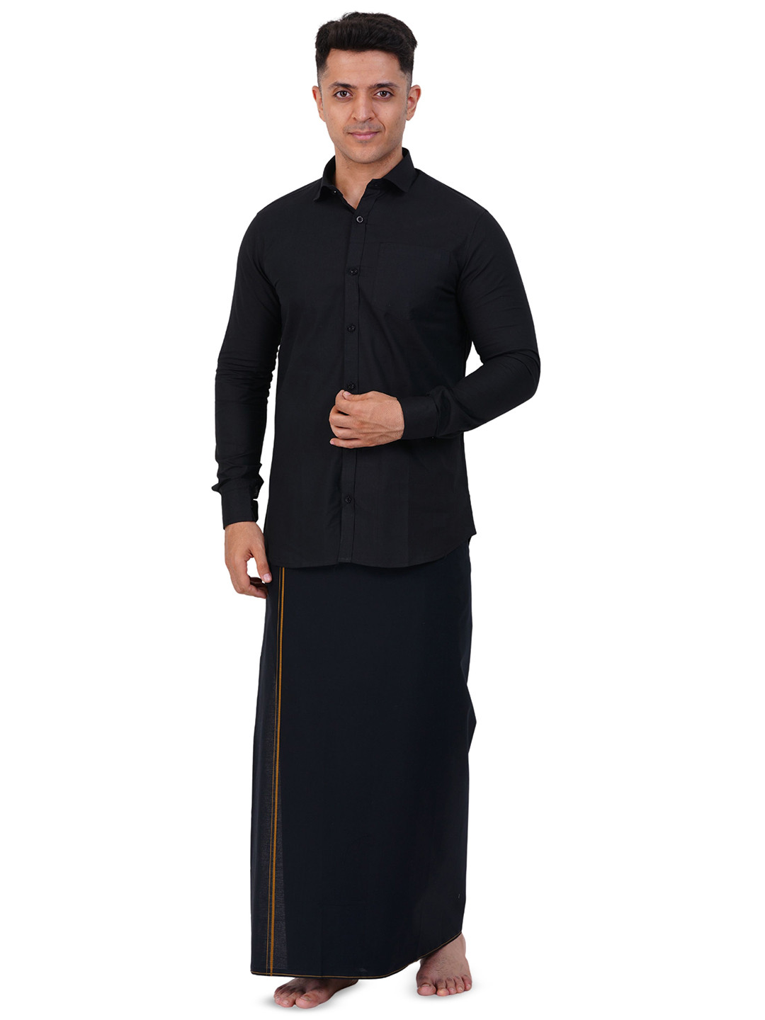 PRAKASAM COTTON Mens Flexi Adjustable Readymade Pocket Black Dhoti with Full Sleeve Shirt