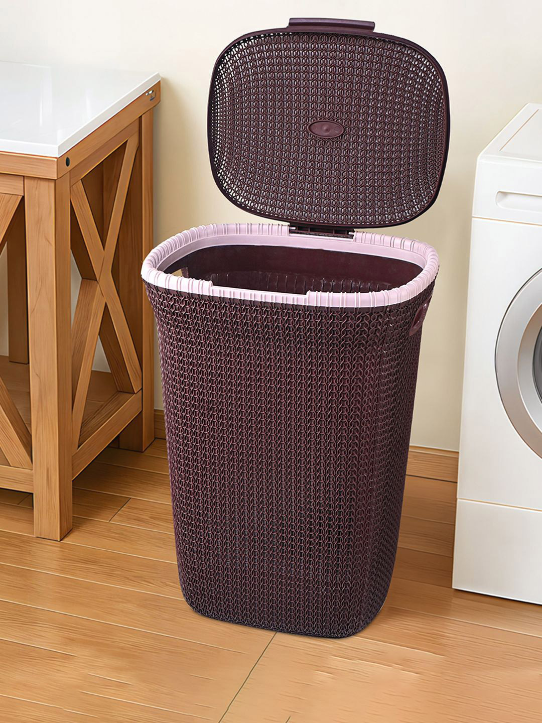 Kuber Industries Marriott Brown & Pink Woven-Designed Laundry Basket With Lid & Handle 55L