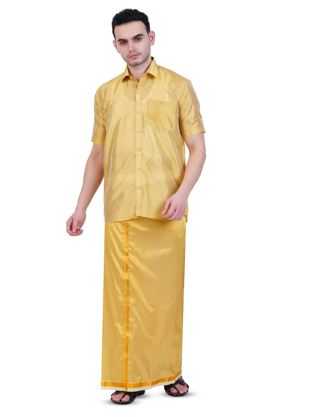 PRAKASAM COTTON Mens Art Silk 8 Mulam (8-Yard) Dhoti with Half Sleeve Shirt Wedding Set