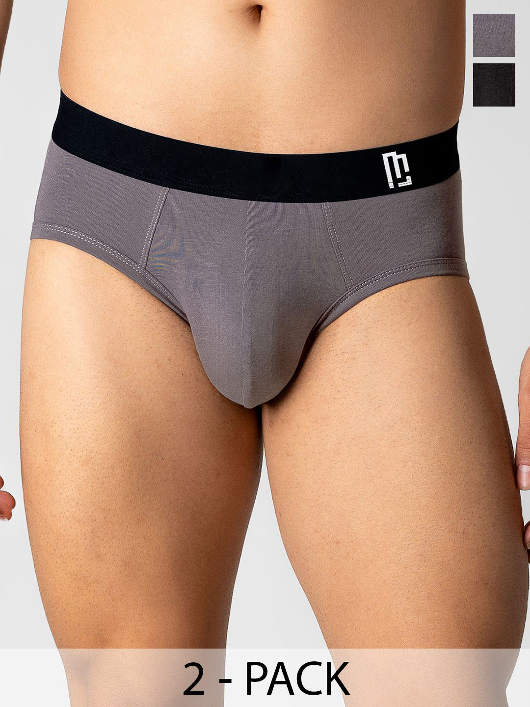 Maniac Pack Of 2 Mid-Rise Basic Briefs MN25-2PCK-MODAL-BRIF-ELST-BLK_GRY-S-Grey