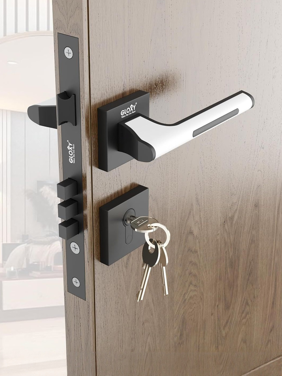 GLOXY Black & White Zinc Mortise Door Lock Handle Set