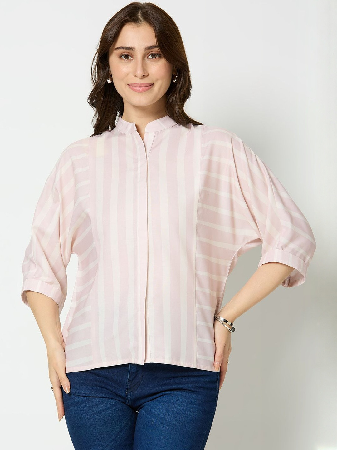 Insho Women Striped Mandarin Collar Top