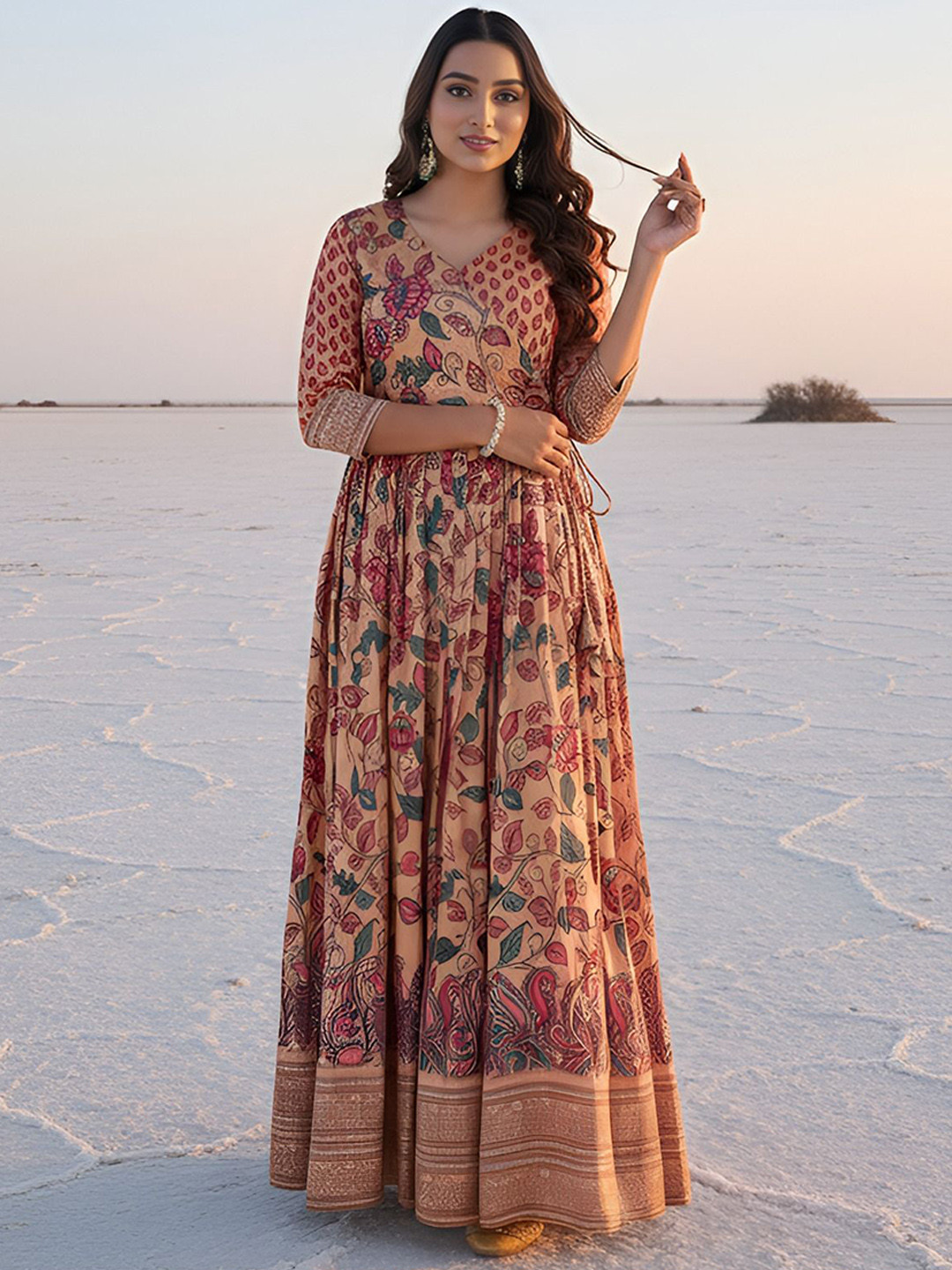 MORDEN MUSE Kalamkari Printed V-Neck Fit & Flared Silk Maxi Ethnic Dress