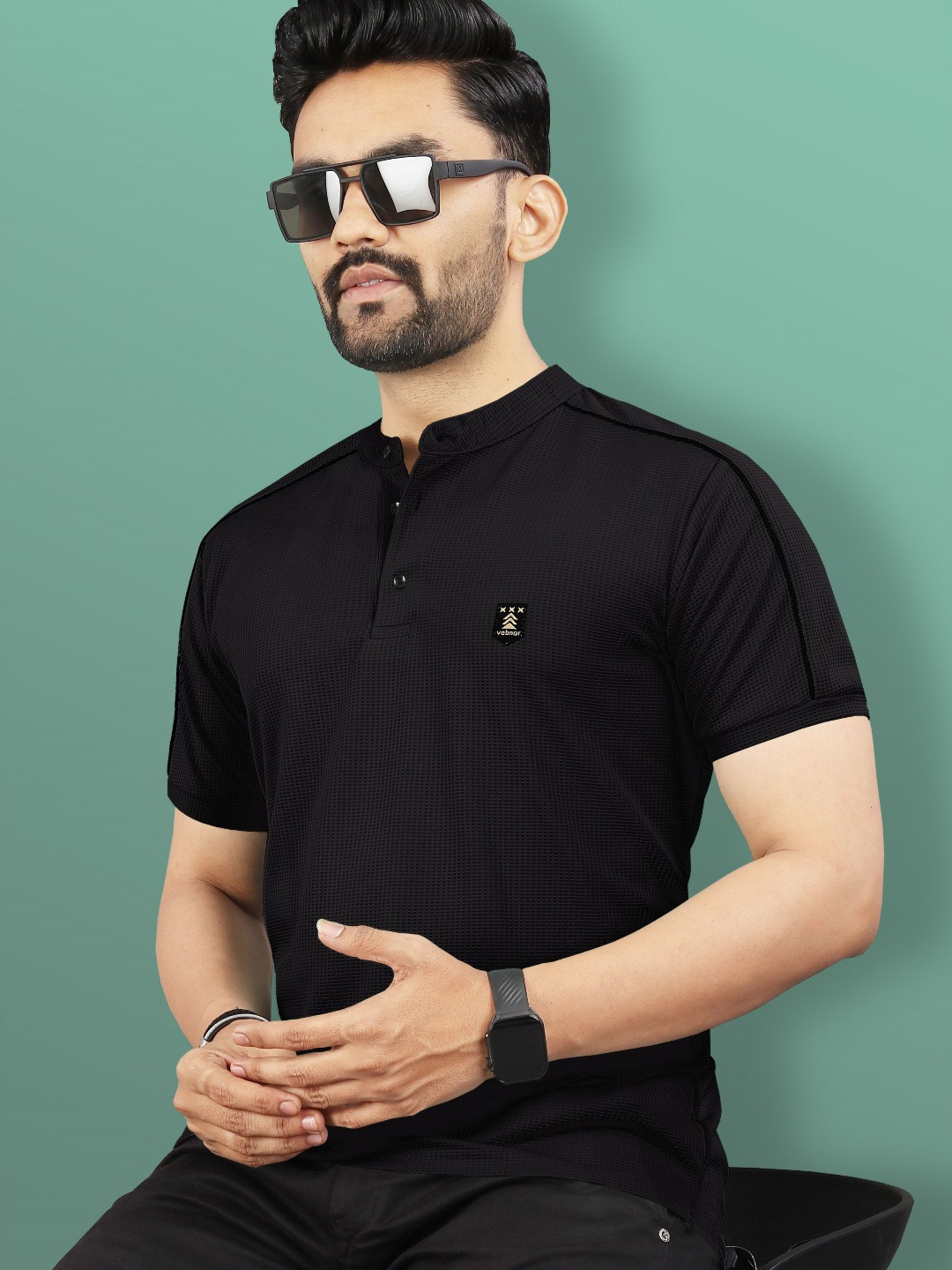 VeBNoR Self Design Mandarin Collar Polo Collar T-Shirt