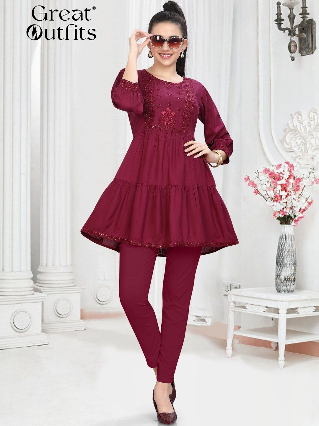 GREAT OUTFITS Women Floral Embroidered Tiered A-Line Kurti