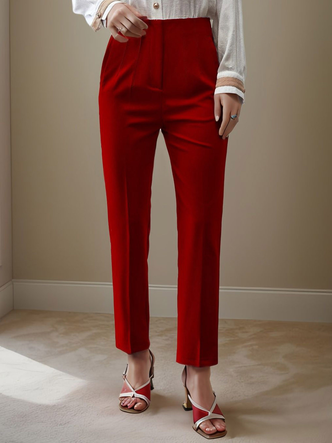 ELVORA Women Slim Fit High-Rise Non Iron Pleated Trousers