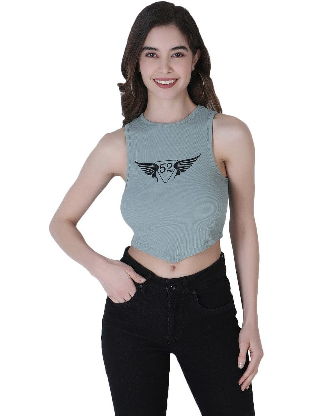 SZN Women Ribbed Sleeveless Graphic Crop Tops