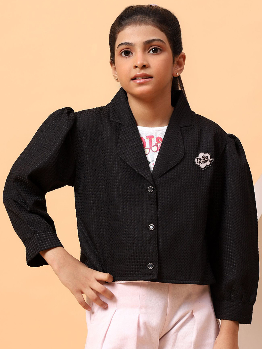 Miss & Chief Girls Solid Textured Applique Shirt  Tops