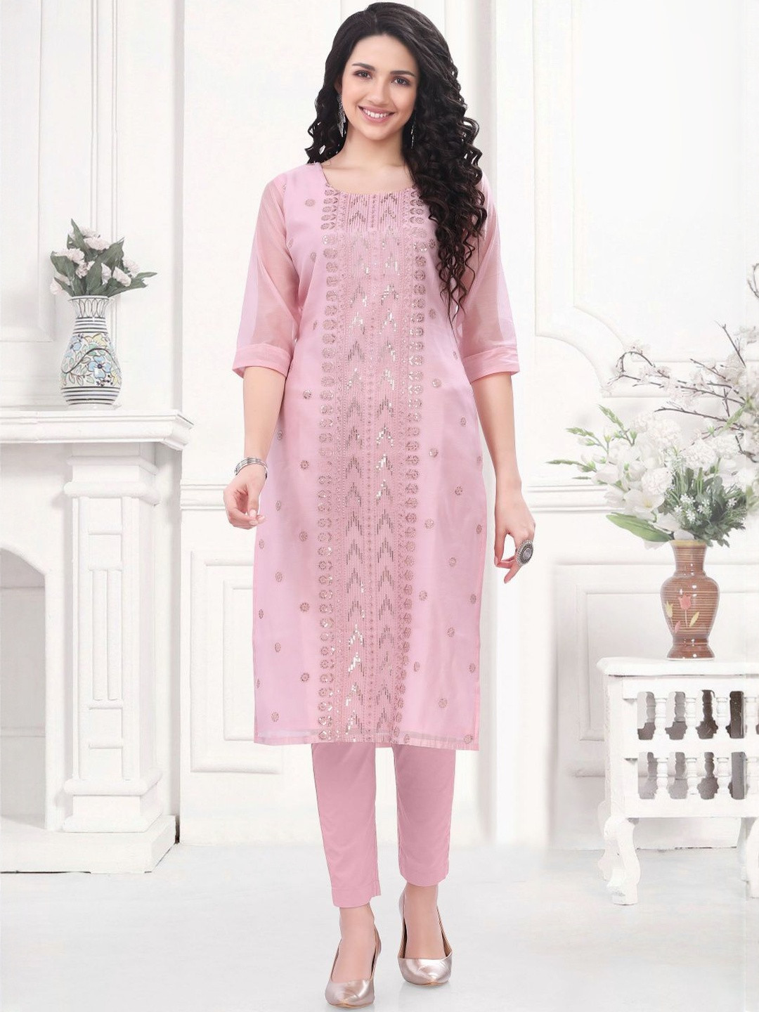 GREAT OUTFITS Women Pure Silk Straight Kurta with Thread and Sequin Work