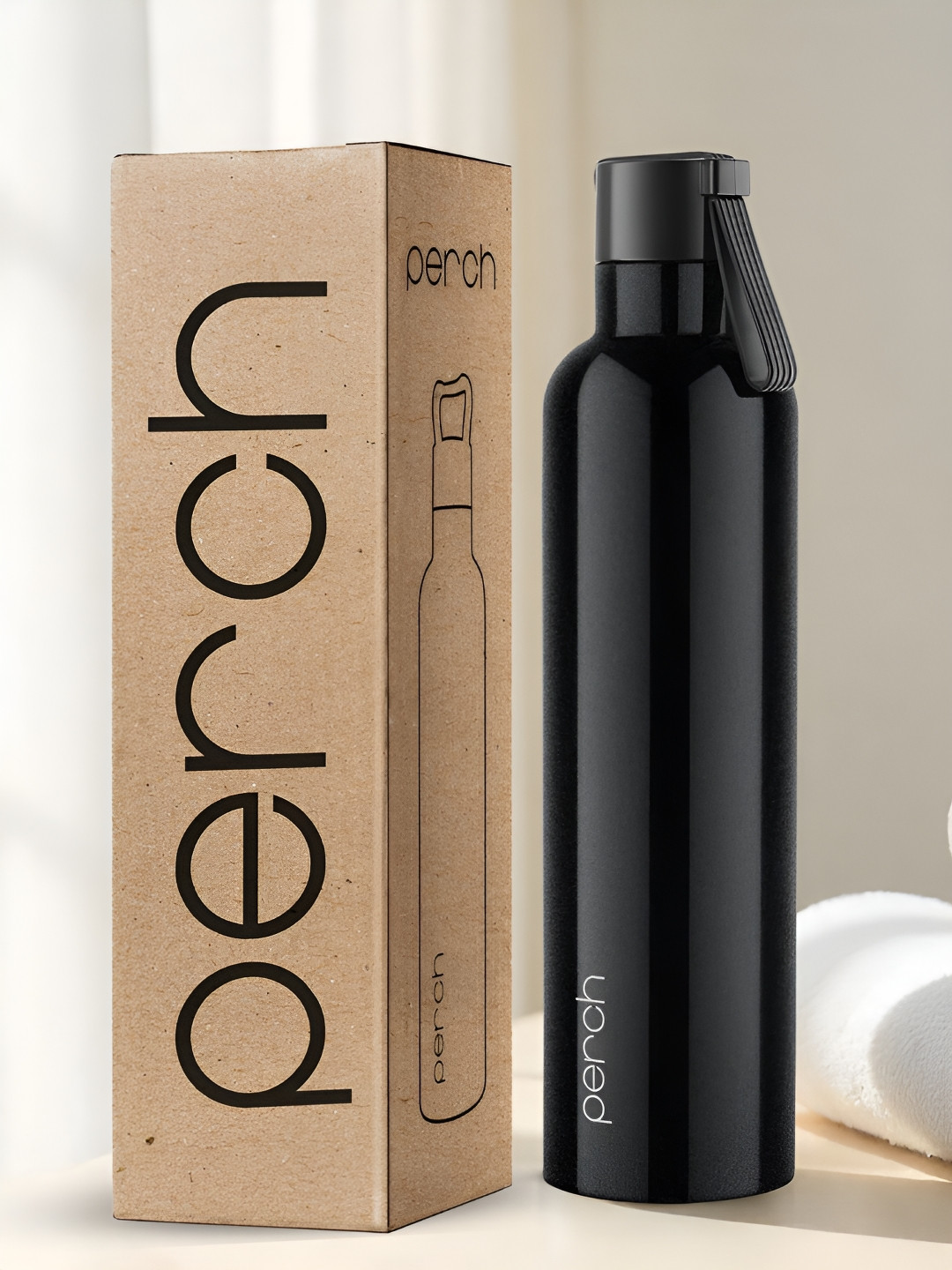 PERCH Black Stainless Steel Solid Double Wall Vacuum Water Bottle