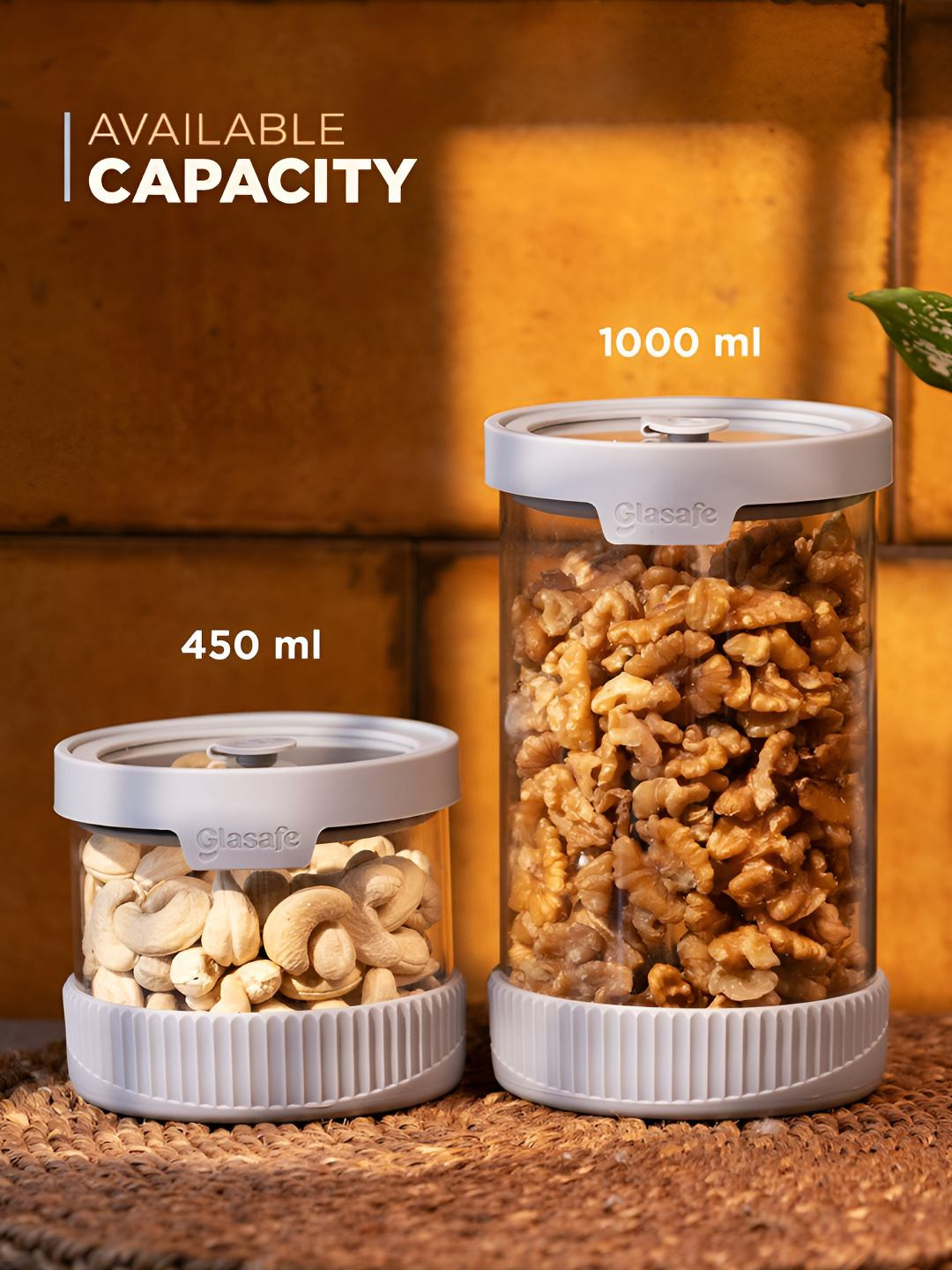 GLASAFE Store 'O' Fresh Grey Borosilicate Glass Container Set of 2 - 450ml & 1000ml