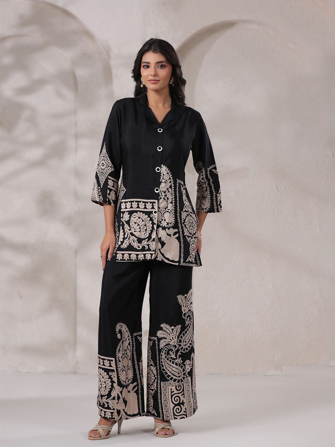 JISORA Printed Shirt Colar Pure Silk Tunic With Palazzo Co-Ords