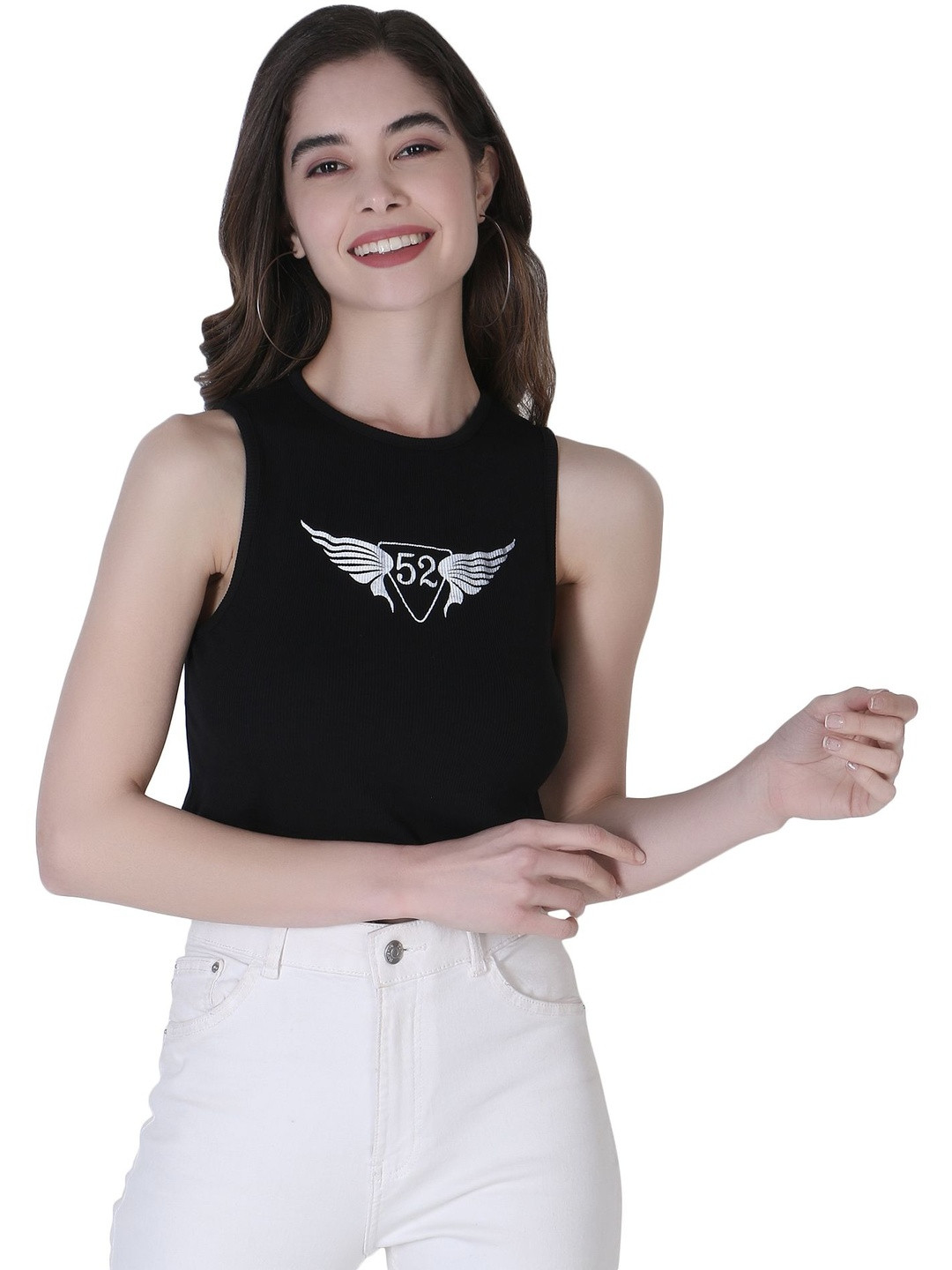 SZN Women Ribbed Sleeveless Graphic Crop Tops