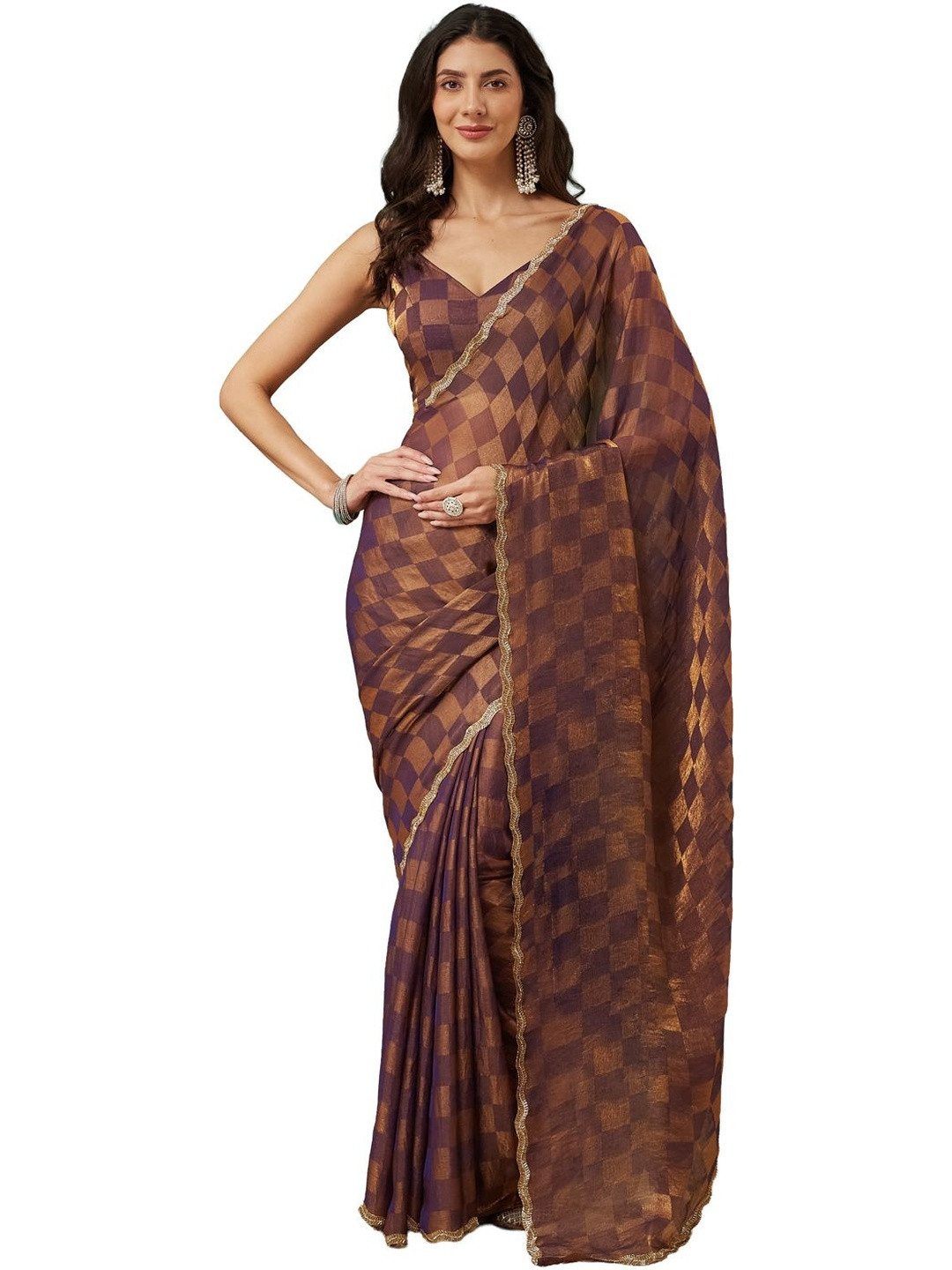 ECOLEAF Checked Woven Design Saree With Embellished Border