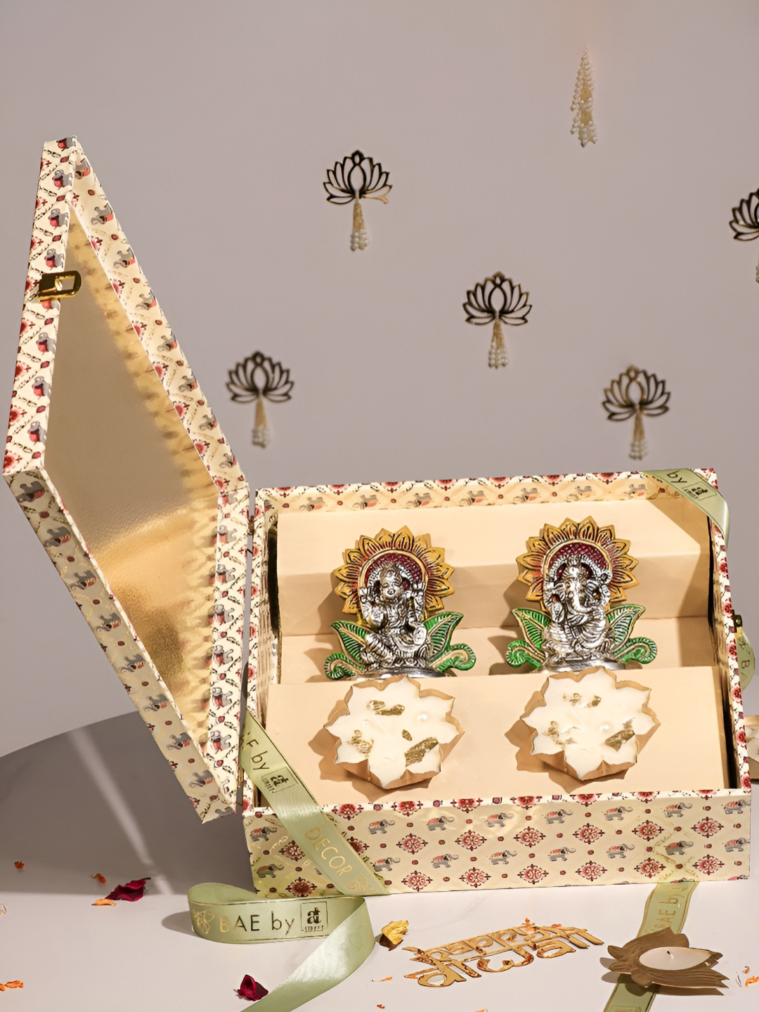 Art Street Silver-Toned 4 Pieces Laxmi Ganesh & Laxmi Charan & Diya Set Gift Hampers Box