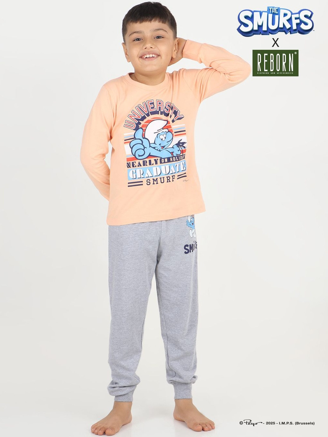 REBORN Boys Peach & Grey Printed Round Neck Cotton T-Shirt & Pyjama Night Suit