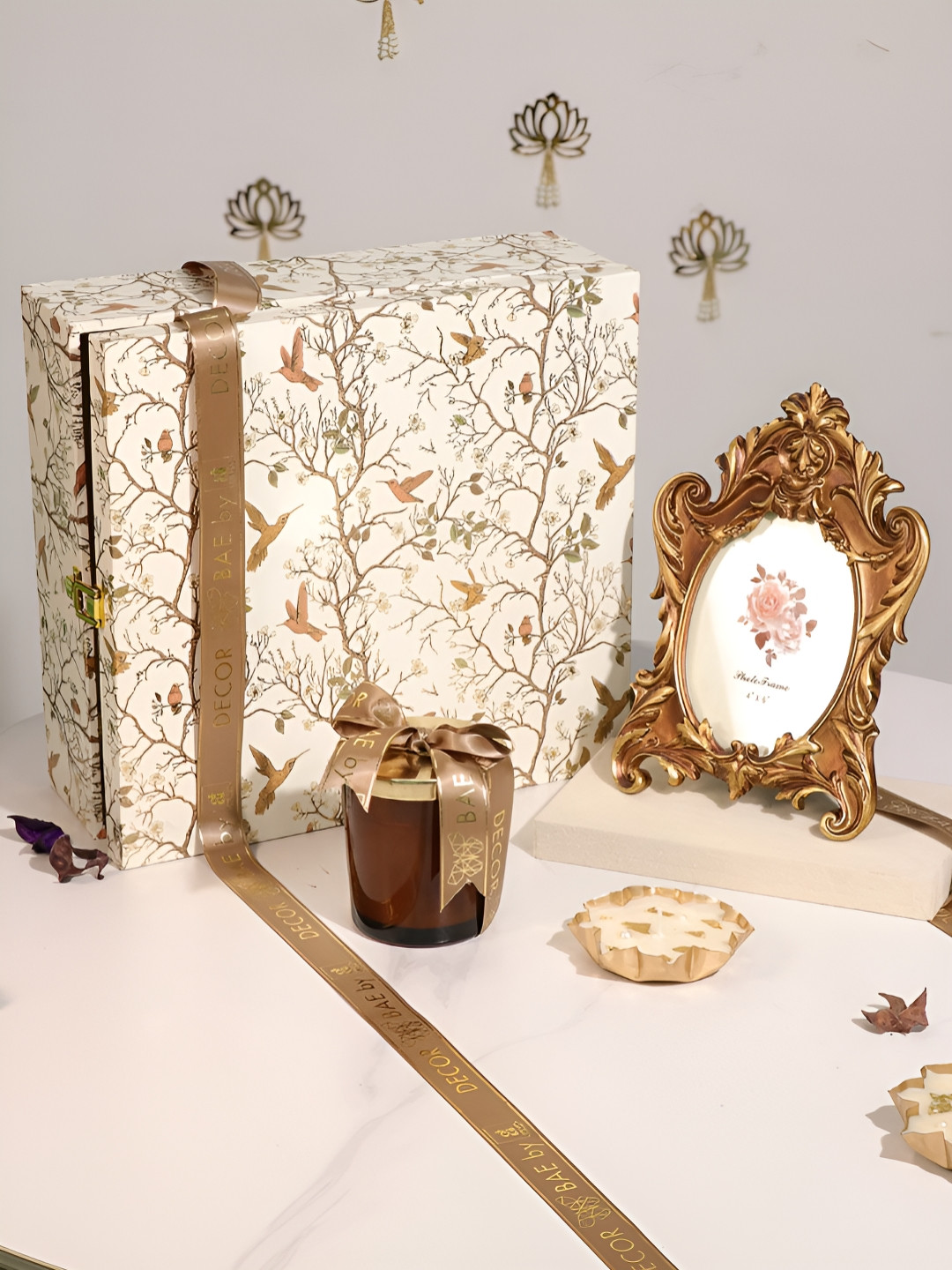 Art Street Photo Frame Mogra Scent Candle with Urli Diya Mdf Diwali Gift Hamper Box