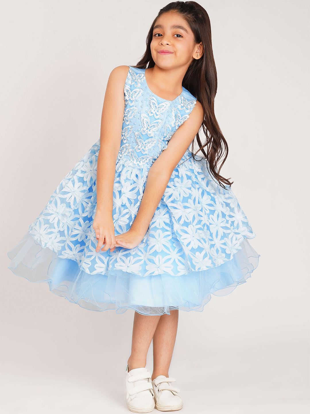 Creative Kids Girls Butterfly Embroidered Embellished Round neck Fit & Flare Midi Dress