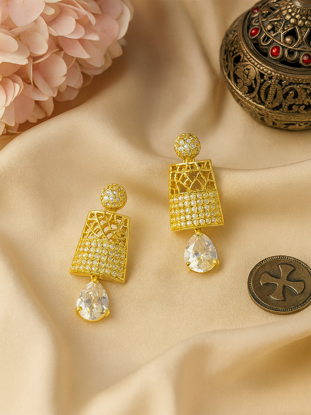 PRIVIU Gold-Plated American Diamond Studded Antique Teardrop Shaped Drop Earrings