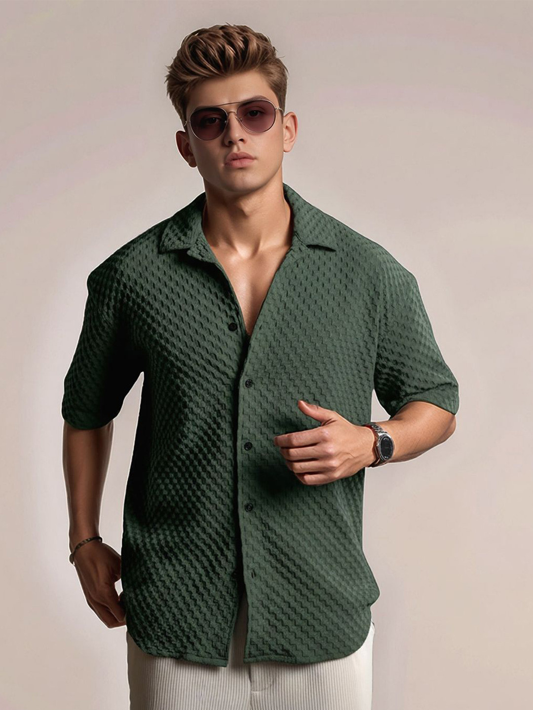 R.Code by The Roadster Life Co. Standard Self Design Spread Collar Shirt