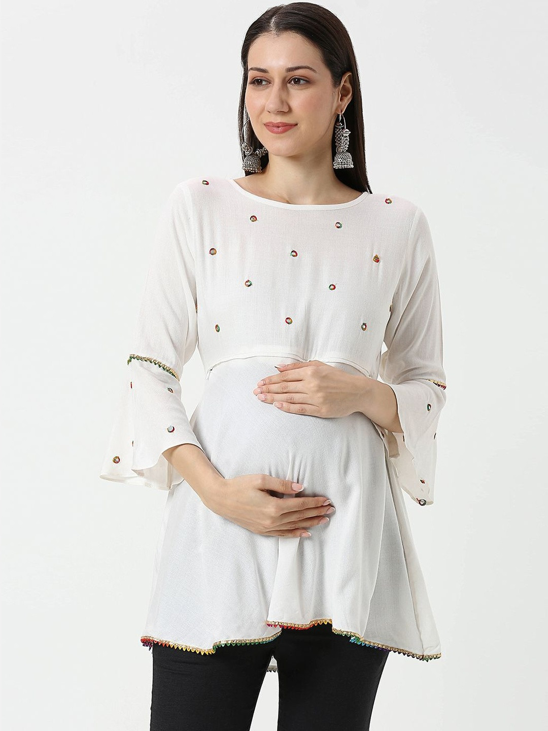 Mom For Sure by Ketki Dalal Women Embellished Embroidered Bell Sleeves Maternity Top