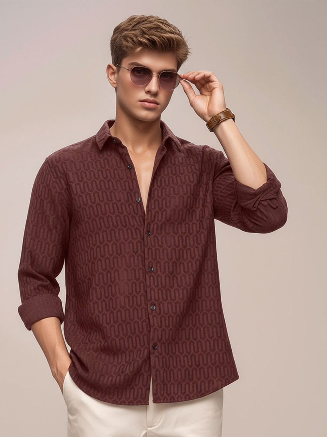 R.Code by The Roadster Life Co. Standard Self Design Spread Collar Roll-Up Sleeves Shirt