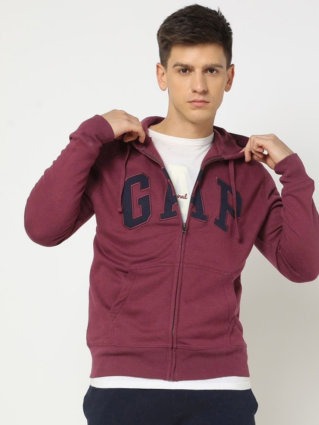 GAP Brand Logo Embroidered Hooded Fleece Zip-Up Sweatshirt