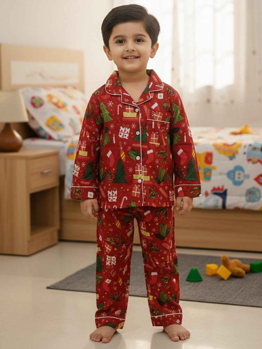 MASU LIVING Kids Red Christmas Nightsuit Set Pure Cotton