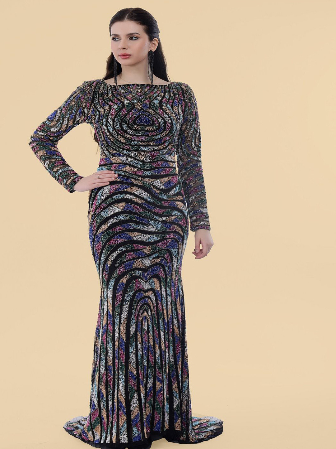 MILU MADAN Ferisha Women Self Design Net Maxi Dress