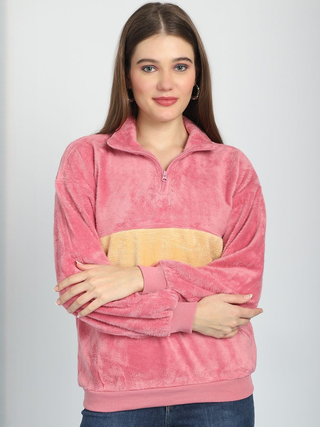 CORSICA Women Pink & Yellow Colourblocked Stand Collar Faux Fur Longline Tailored Jacket