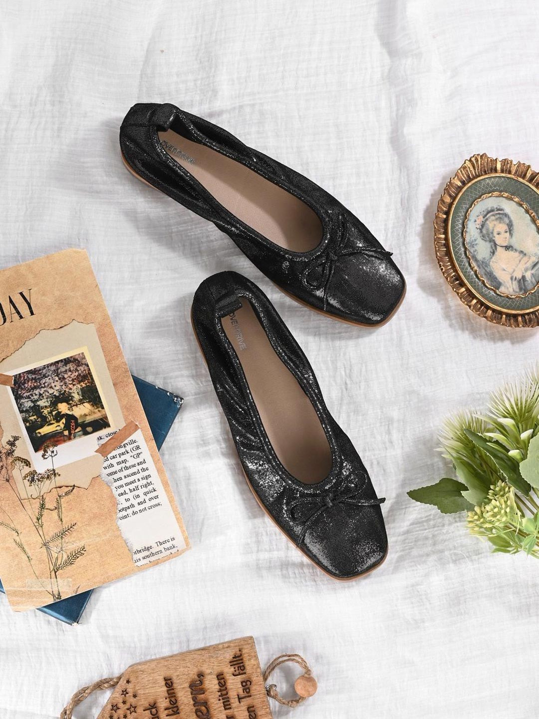 Overdrive Women Embellished Square Toe Leather Slip-On Sneakers Shoes With Shimmer Bows