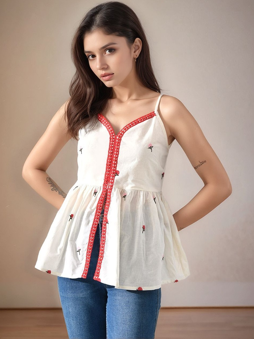 Sangria Floral Thread Embroidered Strap Cotton Top