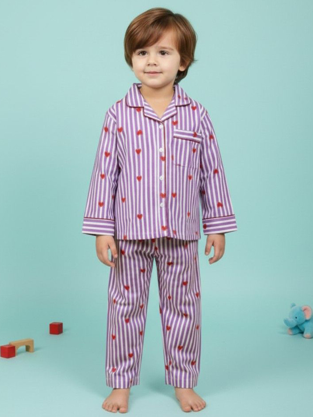 MASU LIVING Kids Striped & Heart Printed Pure Cotton Night suit