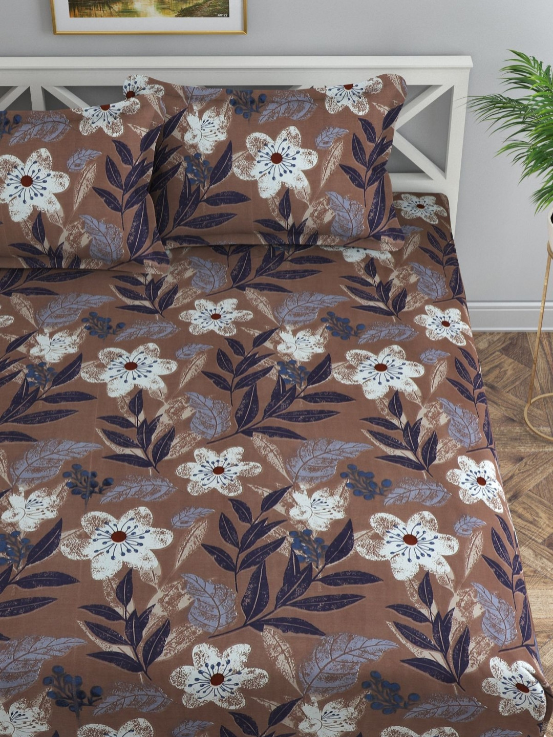 Florida Fin Brown Floral 120 TC Double Bedsheet Set 2.45 m x 2.28 m