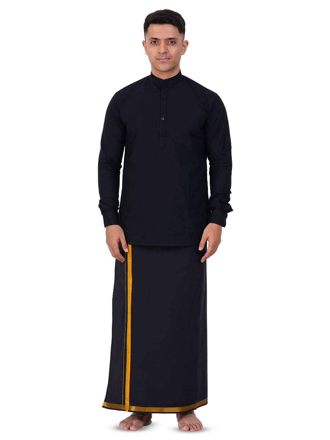 PRAKASAM COTTON Mens Single Gold Jari Border Dhoti with Full Sleeve Mandarin Long Kurta
